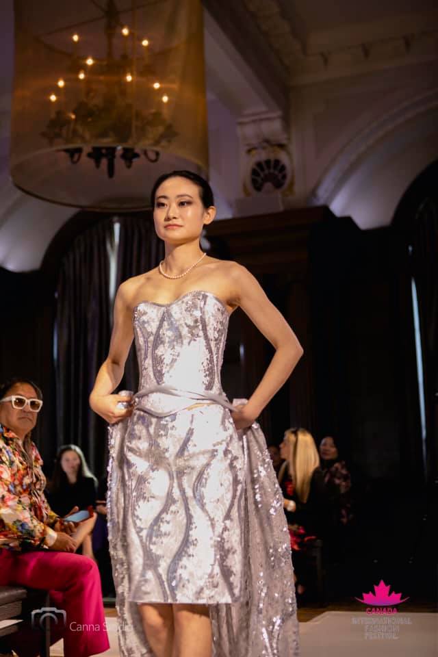 An image of a silver sequined dress created by Gundula Hirn of Gundula Couture.